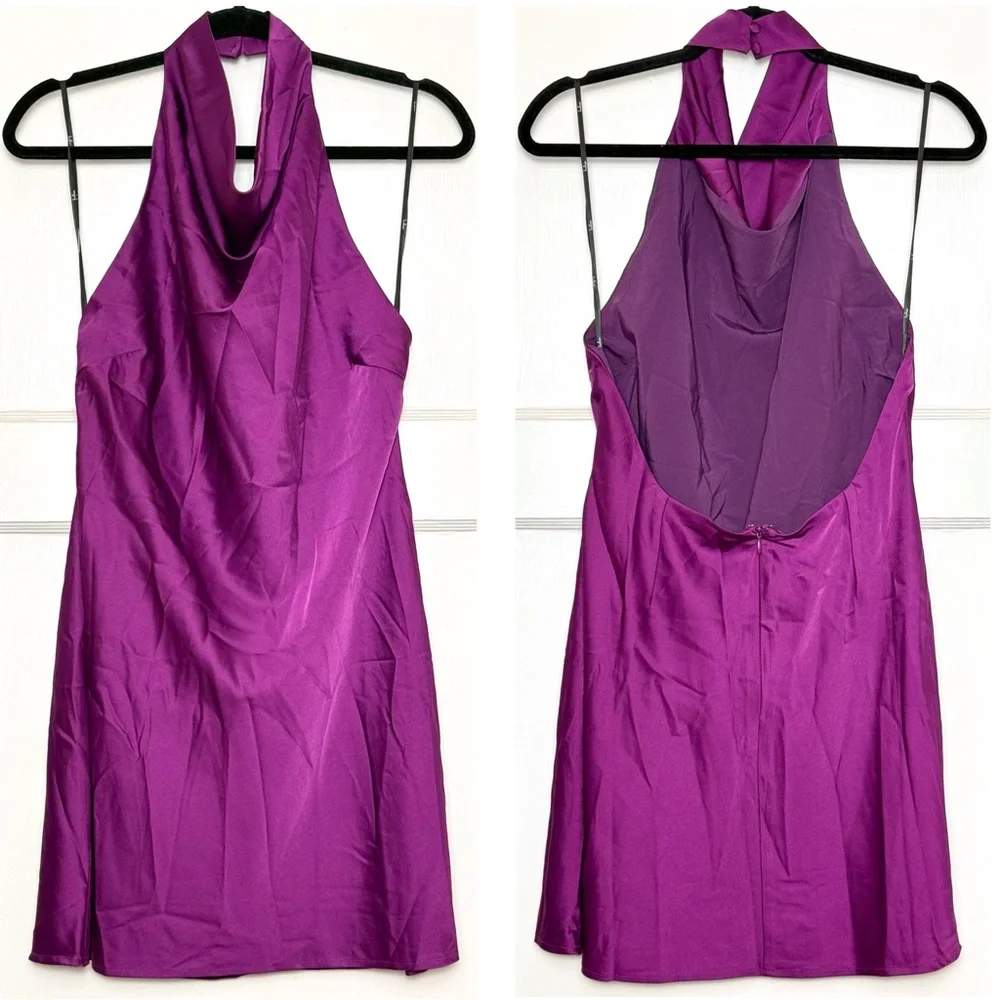 NWT‎ LULUS Berry Satin Y2K Halter Backless Minimalist Coquette Slip Mini Dress L